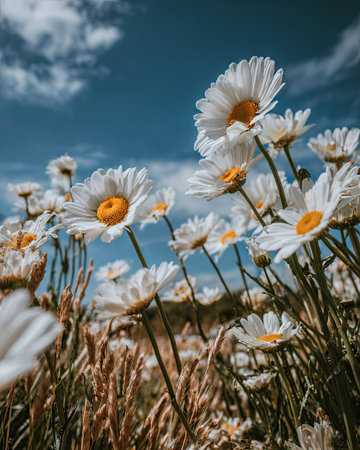 The image captures a vibrant field of daisies under a clear blue sky. The composition emphasizes the flowers' white petals and yellow centers. Sunlight bathes the scene, highlighting textures. Suitable for illustrating nature, beauty, or spring themes. Offers potential for use in various visual media, including editorial and commercial applications.の素材