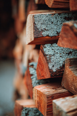 This image presents a close-up view of stacked firewood, showcasing a variety of textures and warm colors. The composition highlights the geometric arrangement and the natural grain of the wood. The lighting creates a sense of depth, with focus on the details. Suitable for illustrating various concepts and designs.の素材