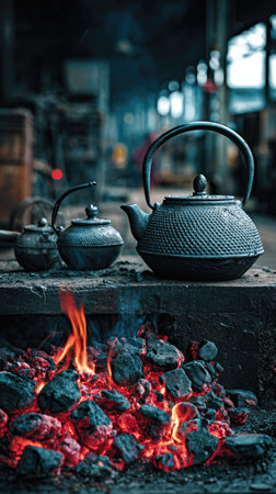 Three metal kettles of various sizes are placed in front of a warm fire. The composition showcases a low-angle shot, highlighting the texture and color of the subjects. The setting suggests an indoor environment. This image could be useful for illustrating concepts related to cooking or traditional methods.の素材