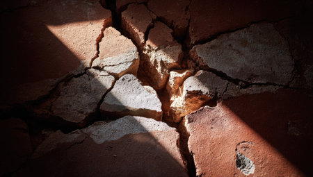 The image features a close-up of a damaged surface, displaying a network of cracks. The surface appears to be composed of stone or brick with visible textures and imperfections. Dramatic shadows accentuate the cracks, with natural light adding contrast. This image could be used for various projects, including editorial and commercial purposes.の素材