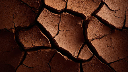 This image showcases a close-up view of dry, cracked earth, revealing a detailed texture. The color palette consists primarily of browns and tans. The composition focuses on the intricate network of cracks. Suitable for projects related to environmental issues or natural elements, the image is ideal for various commercial and editorial uses.の素材