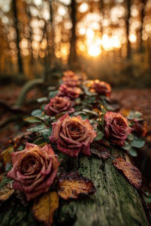 A close-up captures roses resting on a moss-covered log within a forest setting. The image displays the flowers in varying shades of red, contrasted with green foliage and textured wood. Warm sunlight filters through the trees, creating a soft, natural backlight effect suitable for various visual projects.の素材