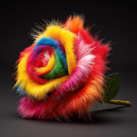 A close-up view displays a unique rose crafted from vibrant, textured material. The petals display a rainbow of colors against a black backdrop. The image features soft lighting and a simple composition, possibly useful for design, decorative, or artistic purposes. The textures and color gradients create visual interest.の素材