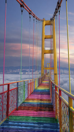 A vibrant suspension bridge dominates the scene, featuring a rainbow-colored walkway and supporting cables. The image showcases a surreal environment, with the bridge suspended above a sea of clouds. The sky displays a blend of colors, suggesting a sunrise or sunset. This image could be used for conceptual design or creative content.の素材