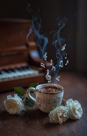 A coffee cup is the focal point, with steam rising and transforming into musical notes. White roses flank the cup, and a piano serves as a background element, all set on a dark wooden surface. The composition uses soft lighting and a shallow depth of field, suitable for artistic or commercial purposes.の素材