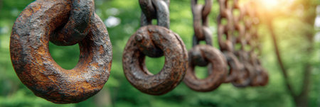 The image captures a close-up of aged, rusted metal chains and rings. The textures showcase the effects of weathering, with rich brown and orange hues. The composition suggests an outdoor setting, potentially a natural environment. This image could be used for various design, industrial, or conceptual purposes.の素材