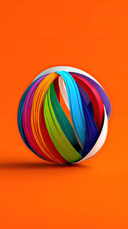An abstract image presents a sphere composed of intersecting bands of color. The visual texture showcases smooth, blended gradients of various hues. Composition places the object centrally against a solid orange backdrop. Suitable for use in design projects, advertising visuals, and artistic applications.の素材