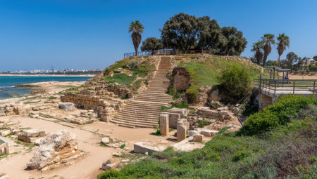 A scenic landscape showcases ancient stone ruins by the coast, featuring a set of stairs leading to a hill with trees and a clear blue sky. The composition displays a blend of earth tones with green vegetation. The photograph may be suitable for travel, history, or architectural purposes.の素材