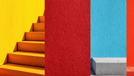 This image presents a composition of vibrant colors with a focus on abstract elements. A yellow staircase contrasts with red, blue, and orange textured panels. The style appears contemporary, with hard lighting creating strong shadows. It could be suitable for various design projects or visual communication campaigns.の素材