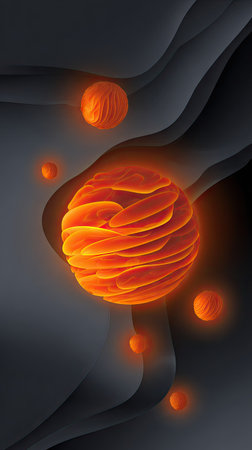 An abstract illustration features vibrant orange orbs emitting a warm glow against a dark gray background. The layered composition includes curved shapes suggesting depth and movement. The image employs strong lighting and a minimalist style, suitable for various applications, including design projects and artistic endeavors.の素材