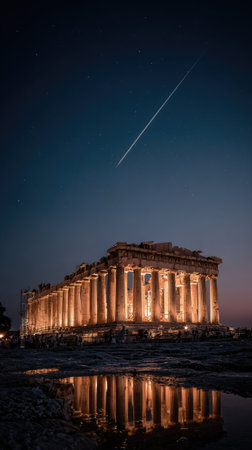 An ancient temple glows against a dark, night sky with a reflection in tranquil water. The scene features warm golden lighting, contrasting with the cool blues and purples of the ambient setting. This composition may be suitable for educational, historical, or travel-themed projects, and for editorial use.の素材
