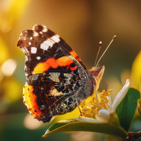 A detailed image of a butterfly with intricate patterns on its wings is shown. The insect is perched on a plant, bathed in warm sunlight, creating a blurred background. The composition highlights the butterfly's colors and texture, potentially suitable for design, editorial, and commercial applications. The scene suggests an outdoor setting.の素材