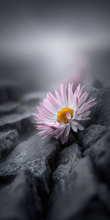 A single daisy flower with pink petals and a yellow center is featured in a close-up shot. The composition highlights the flower against a blurry, dark background. The image exhibits a shallow depth of field, with soft textures and subdued lighting, suitable for various commercial uses.の素材