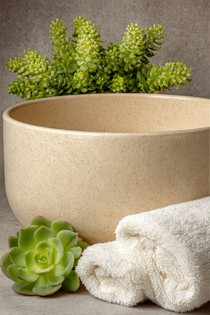 This image showcases a beige bowl with a rolled white towel and several green succulent plants. The composition uses neutral colors and natural light creating a soft, calming atmosphere. Suitable for uses related to wellness, home decor, or conceptual illustrations in various commercial projects, this image avoids specific brand references.の素材