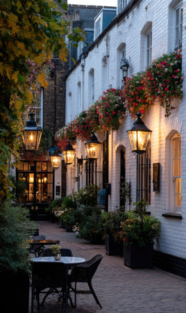 An alleyway showcases white buildings adorned with hanging floral displays. The image presents a blend of natural and artificial lighting, creating a warm ambiance. The composition features architectural details and decorative elements. This scene may be suitable for illustrating urban environments or lifestyle themes. It could be used in various commercial or editorial applications.の素材