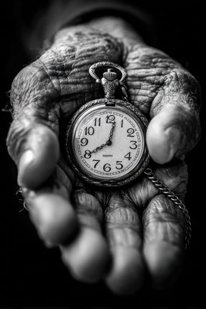 An aged hand delicately holds a classic pocket watch, captured in striking black and white. The image displays high contrast, emphasizing textures and details. The composition is intimate, with the watch as the focal point. This image is suitable for various commercial purposes and editorial concepts relating to time or history.の素材