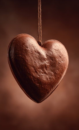 A close-up view presents a sculpted chocolate heart suspended by a string, set against a blurred brown backdrop. The heart displays a textured surface with varying shades of brown. The image employs soft lighting, possibly indoors, suitable for commercial projects related to food, Valentine's Day, or romantic themes.の素材