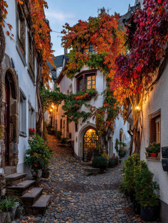 A picturesque alleyway showcases buildings adorned with climbing plants bearing colorful autumn leaves. The composition features a cobblestone path leading towards arched doorways and windows. Warm lighting and a detailed architectural style are present. This image is suitable for various commercial uses, including travel and editorial content.の素材