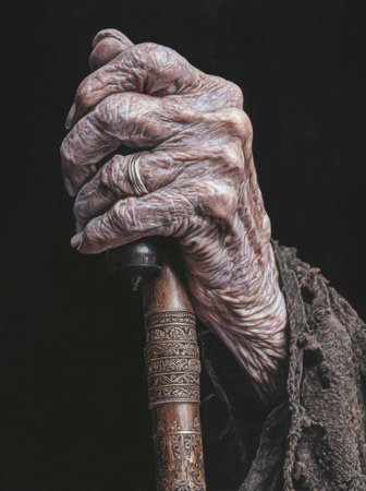 An aged hand, gripping a cane, is displayed against a dark background. The detailed image showcases the skin's texture with wrinkles and veins. The hand's position suggests a moment of rest or support. This image is suitable for commercial uses, as well as editorials related to aging, health, or heritage.の素材