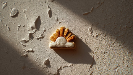 A sun-shaped biscuit rests against a textured wall, illuminated by natural light. The close-up showcases warm colors and subtle shadows. The composition suggests an indoor setting, possibly during the daytime. Suitable for use in culinary, decorative, or artistic projects.の素材