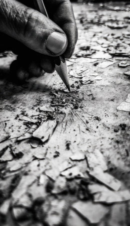 A grayscale image shows a hand holding a pencil over a textured surface. The composition highlights the pencil's point with a shallow depth of field. The scene emphasizes textures and contrasts, presenting a close-up perspective, possibly for creative or educational materials.の素材
