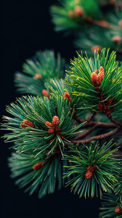 A detailed photograph features lush green pine branches with delicate needles and small brown cones. The image displays a macro perspective with vivid colors and textures, set against a blurred dark background. It is suitable for diverse commercial applications, encompassing nature, botanical, and seasonal themes.の素材