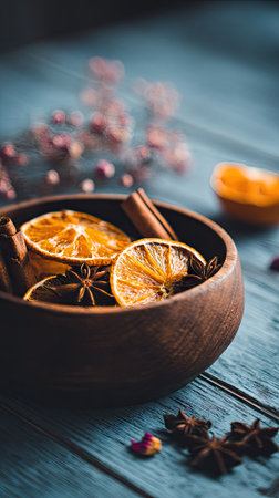 A wooden bowl filled with dried orange slices, star anise, and cinnamon sticks is presented on a textured blue surface. The warm, earthy tones of the bowl and ingredients contrast with the cool background. This image highlights the texture and detail in natural light, suitable for commercial projects about food or decoration.の素材