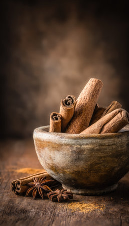 This image showcases cinnamon sticks and star anise arranged in a wooden bowl. The warm tones of the spices contrast with the rough texture of the bowl, creating a visually appealing composition. The scene is illuminated with soft lighting, suggesting an indoor setting. Suitable for use in culinary-related projects and editorial content.の素材