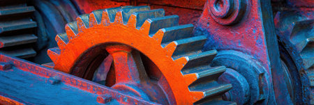 This image showcases a close-up view of interlocking gears. The gears display a contrast of orange, red, and blue hues, creating a visually striking composition. The textures of the metal are prominently featured. Suitable for use in technical publications, educational materials, and various commercial projects.の素材
