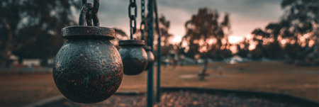 The image features close-up of a hanging metal pot. The pot hangs from chains, the details show the texture and form of the vessel. The background is blurred, showing a green area under a sunset. This image could be used for various design, art, or editorial purposes.の素材