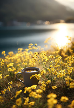 A coffee cup rests among bright yellow flowers with a blurred lake and sunlight in the distance. The composition uses a shallow depth of field, emphasizing the foreground. The lighting suggests a daytime setting, suitable for various editorial and commercial projects. This image could be used for lifestyle or nature themes.の素材