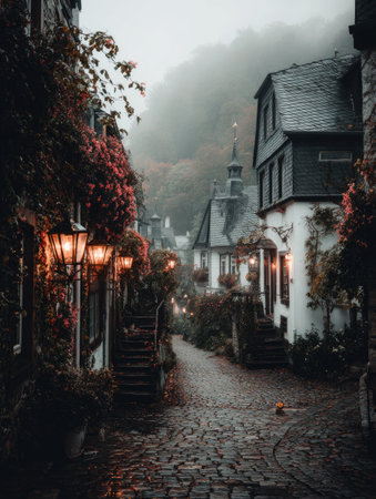 An image captures a cobblestone street framed by buildings, with climbing foliage and illuminated lanterns. Soft light bathes the scene, highlighting the textures of the stone and the greenery. The overcast sky creates a muted color palette. This image is suitable for a variety of editorial or commercial applications.の素材