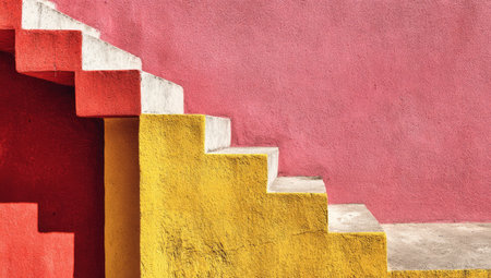 An exterior staircase is depicted in this image, showcasing a vibrant color palette of pink, yellow, and white. The composition highlights geometric forms, with clear lines and shadows. The image suggests an outdoor setting, possibly during daylight. This photo could be used for various commercial or editorial purposes.の素材
