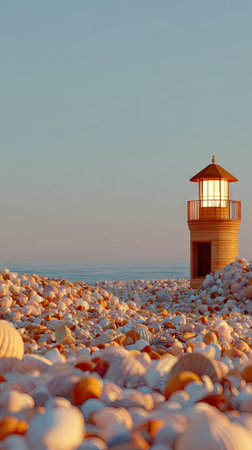 A digital illustration depicts a small lighthouse on a shoreline composed of pebbles and seashells. The image is bathed in warm light, suggesting a sunrise or sunset. The composition includes a calm sea under a clear sky. This artwork can be used for various design projects, including educational and commercial purposes.の素材