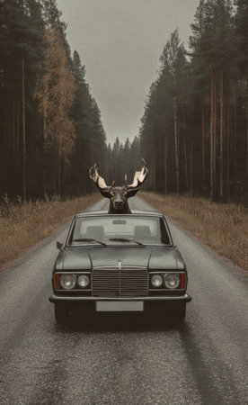 An unusual image features a deer emerging from the roof of a vintage car driving along a road. The scene is set outdoors with tall trees creating a natural tunnel. The muted colors and overcast lighting create a moody atmosphere, potentially suitable for editorial or advertising purposes.の素材