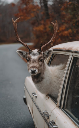 A deer peers out of a vehicle's window, its head and antlers prominent. The image displays a vintage car set against a blurred background of autumnal trees. The lighting suggests daytime, enhancing the visual contrast of the scene. Suitable for a range of commercial applications and editorial concepts.の素材