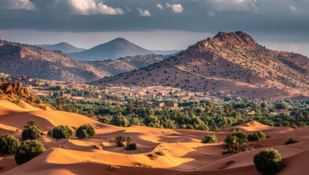 The image showcases a desert landscape featuring rolling sand dunes and distant mountains. The scene is bathed in sunlight, casting shadows and highlighting the texture of the sand. A small settlement with green trees is visible. This photograph could be utilized for travel or environmental themes.の素材