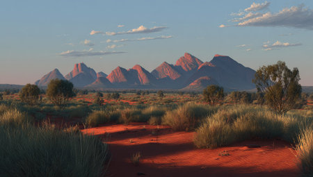A scenic landscape showcases a mountain range under a warm sunset. The image displays a dry environment with reddish soil and sparse vegetation. The composition features a natural outdoor setting with soft lighting and a wide angle view. Suitable for travel, environment, and background concepts.の素材