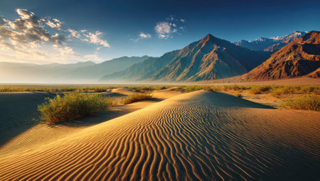 A desert scene presents rolling sand dunes in the foreground, leading towards distant mountains. The composition features warm, golden hues of the sand contrasting with the cool blues of the sky. The image utilizes natural lighting, emphasizing the textures of the sand. Suitable for various visual projects and potential commercial uses.の素材