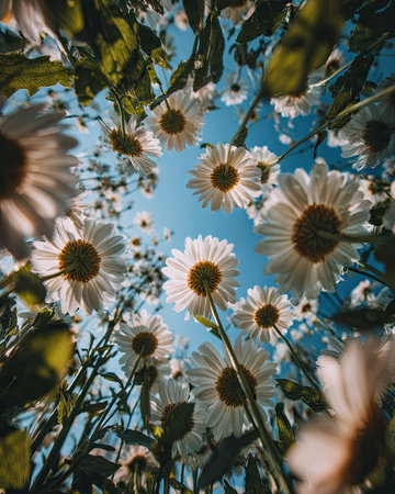 An upward perspective showcases blooming daisy flowers against a bright blue sky. The composition emphasizes the flowers' white petals and yellow centers. Green stems and leaves create contrast. This image could be suitable for various commercial purposes, including decorative designs and nature-themed content.の素材