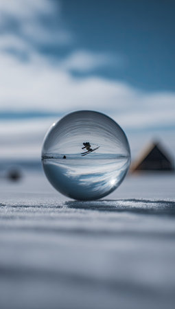 A clear crystal ball reflects a landscape scene with a small human figure. The composition showcases cool tones, with a focus on reflections. The image could be suitable for various uses, including promotional materials, educational content, or artistic projects, highlighting themes of perspective.の素材