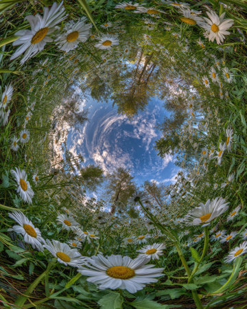 A close-up shot features daisies and green foliage encircling a view of a blue sky with clouds. The composition creates a tunnel-like perspective with soft lighting. This vibrant image may be suitable for natural product promotion or illustrative purposes related to spring.の素材