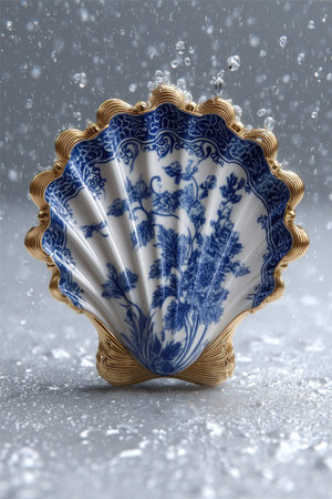 A close-up view displays an ornate porcelain shell. The shell is white with a blue floral design. A gold trim accents its edges. The composition is likely captured indoors, possibly against a neutral background. This image could be used for various commercial or decorative purposes.の素材