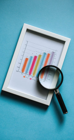 A close-up image showcases a framed chart being examined by a magnifying glass. The chart displays colorful bar graphs, set against a white frame and a solid blue background. The composition suggests data analysis or investigation. This image is suitable for various commercial uses related to business, finance, and analytics.の素材