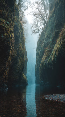 A vertical image showcases a deep canyon, featuring a waterfall cascading between towering rock formations. The scene is enveloped in mist, with muted colors and a natural, textured aesthetic. The composition utilizes a centered framing. This image may be suitable for various editorial and commercial applications related to nature and landscape photography.の素材