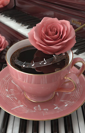 A close-up captures a rose-topped coffee cup resting on a saucer with piano keys in the background. The scene features a warm color palette with pink and brown tones. Lighting creates soft shadows across the surfaces. This image is suitable for promotional materials related to music, beverages, or artistic concepts.の素材