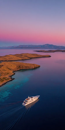 An aerial view captures a sleek yacht navigating tranquil waters during a vibrant sunset. The composition reveals a palette of deep blues, purples, and oranges. The scene includes islands with golden-brown terrain. This image might be suitable for travel, leisure, or promotional content.の素材
