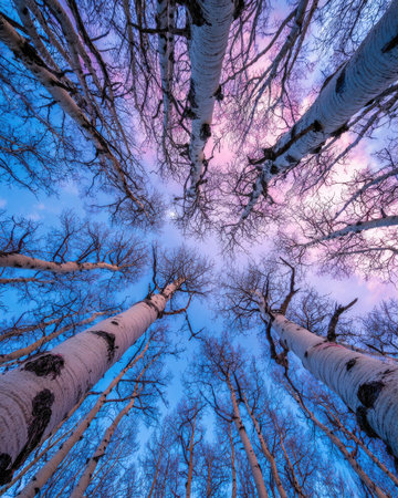 An upward perspective captures tall, white-barked trees reaching towards a vibrant sky of blue and purple hues. The composition features a symmetrical arrangement, with bare branches creating intricate patterns. The lighting suggests a natural, outdoor setting, possibly during twilight. Suitable for various commercial and editorial projects.の素材