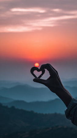 A hand silhouette, forming a heart shape, is set against a vibrant sunset sky and a blurred mountain landscape. The image features warm colors, soft lighting, and a shallow depth of field. It may be suitable for illustrating concepts like love, connection, or romantic themes for various editorial or commercial applications.の素材