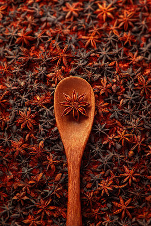 An overhead view displays star anise with a wooden spoon. The image showcases a rich color palette, featuring warm browns and reddish hues. The texture is intricate. It suggests possible use in culinary projects, food blogs, or designs related to food.の素材
